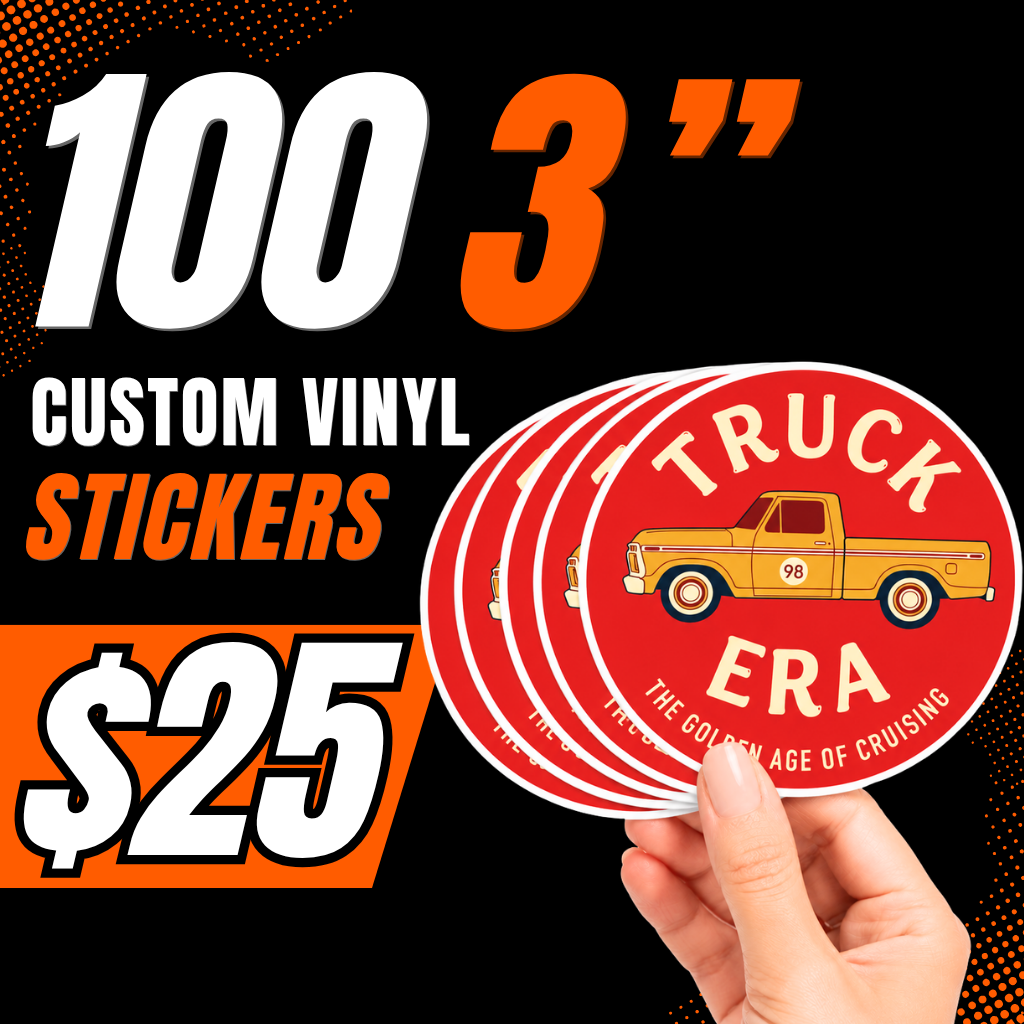 100 custom 3-inch vinyl stickers for $25, shown as red truck stickers held by hand on a black promotional background.