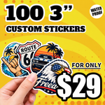 100 custom 3-inch waterproof stickers for $29, featuring Route 66, an eagle, a muscle car, and tropical designs on a yellow background.