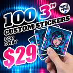 100 custom 3-inch waterproof stickers for $29, featuring a neon anime gamer design against a blue and pink background.