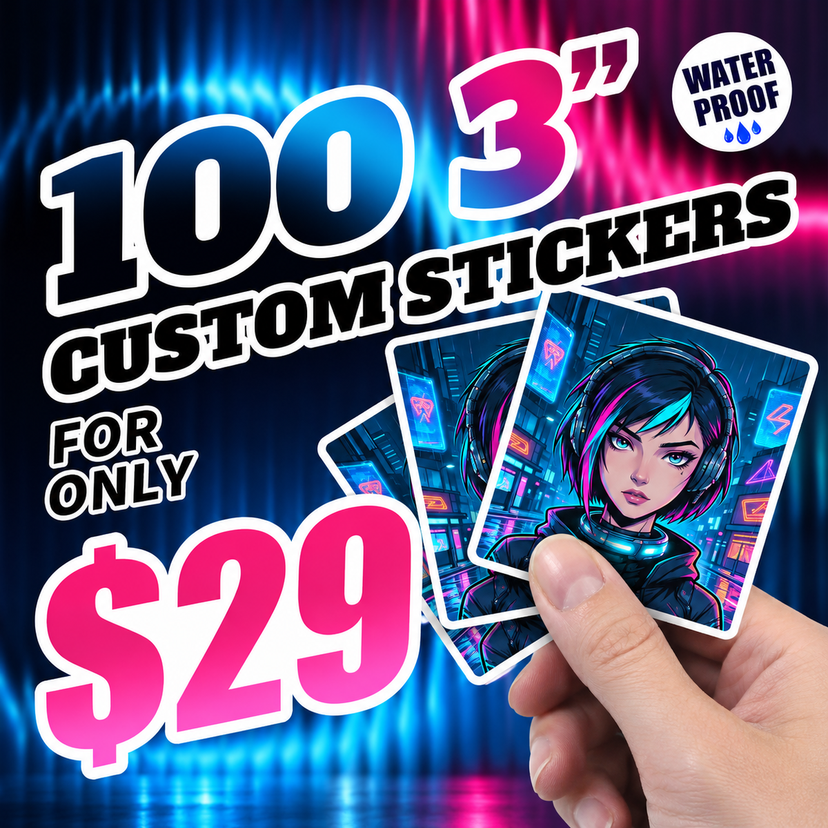100 custom 3-inch waterproof stickers for $29, featuring a neon anime gamer design against a blue and pink background.