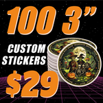 Get 100 custom 3 inch vinyl stickers for $29, saving 64%. Spooky Halloween artwork featuring scarecrows, skeletons, and pumpkins on high-quality sticker stacks.