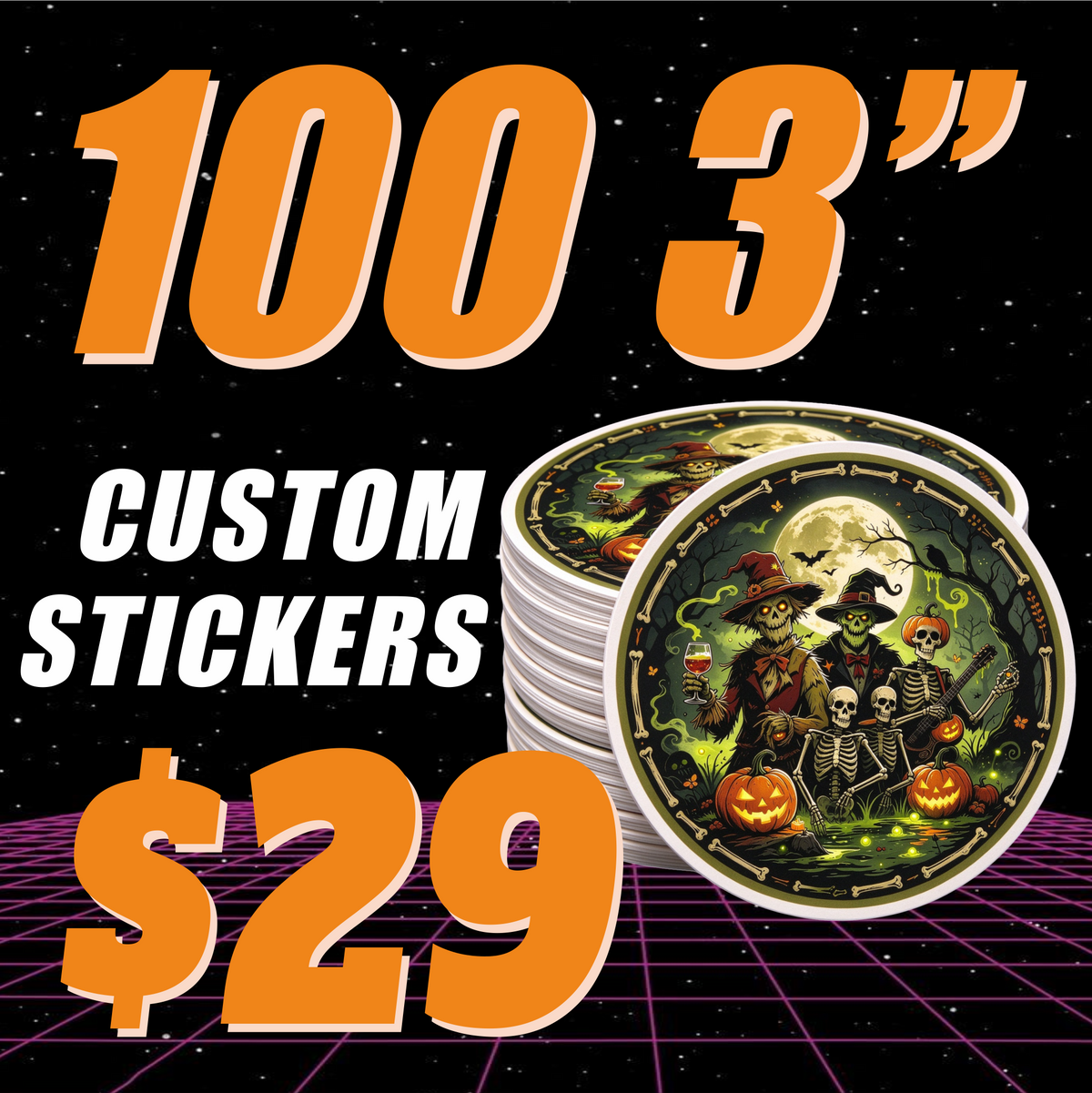 Get 100 custom 3 inch vinyl stickers for $29, saving 64%. Spooky Halloween artwork featuring scarecrows, skeletons, and pumpkins on high-quality sticker stacks.