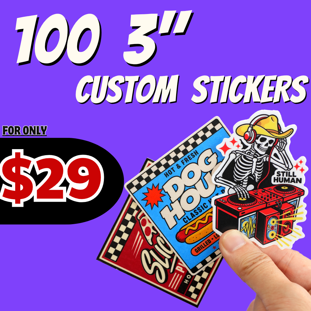Special offer: 100 custom 3 inch vinyl stickers for $29. displaying die-cut vinyl stickers, any shape with vibrant color.