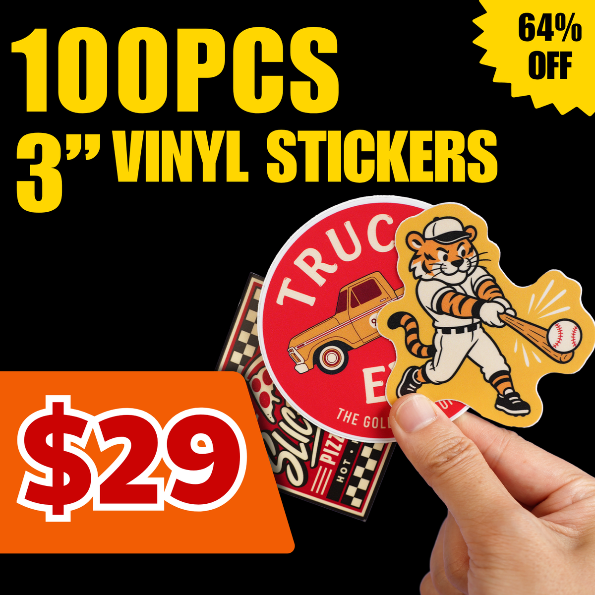 Promotional deal: 100pcs 3" custom vinyl stickers for $29 with 64% off discount. big discount for custom printed stickers.