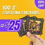 Promotional image showing 100 custom vinyl stickers with a 69% off discount offer for only $25. A hand holds multiple square die cut stickers featuring a colorful leopard design, with bold sale pricing and a bright yellow and purple promotional background.