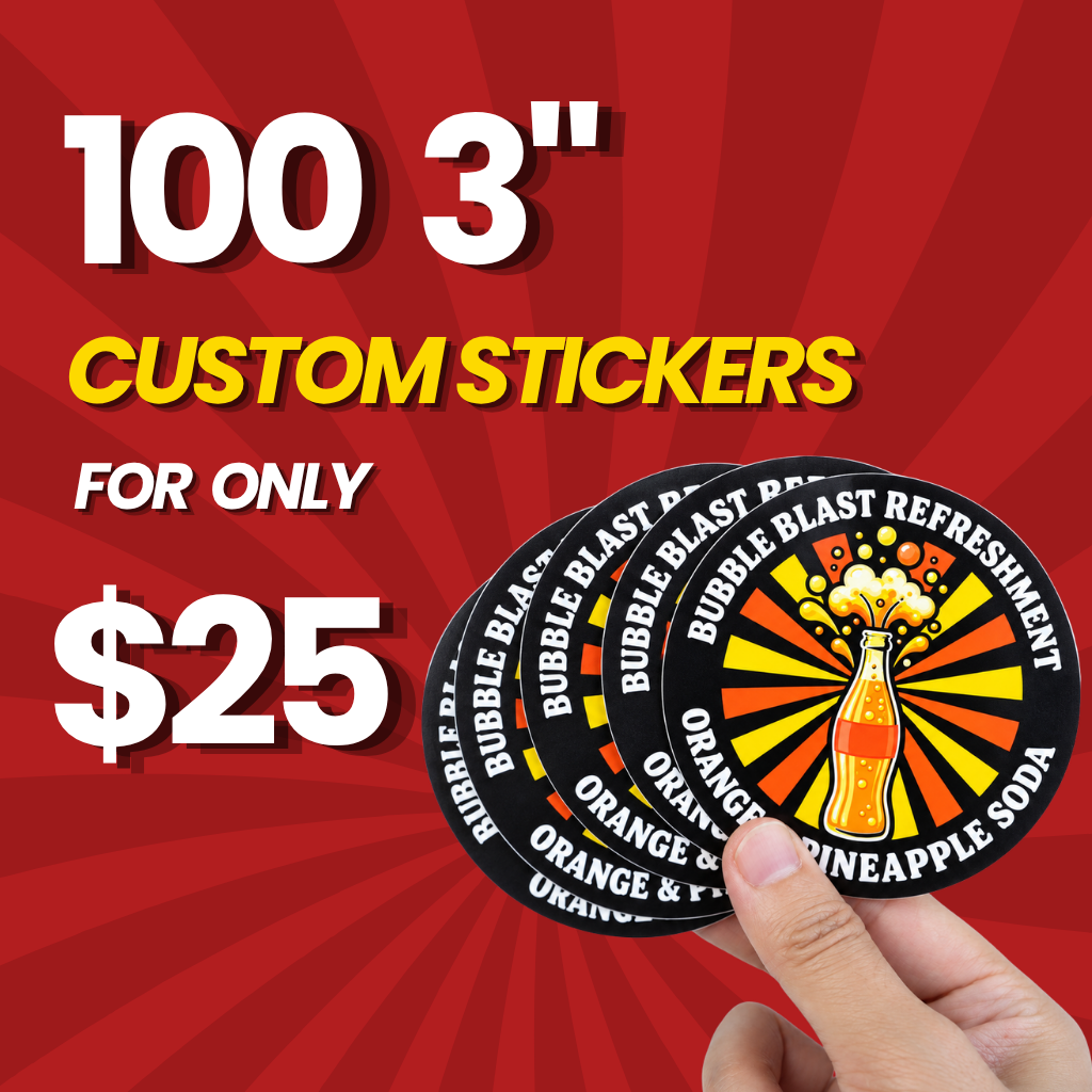 Promotional image advertising 100 custom 3 inch vinyl stickers for $25. A hand holds multiple round die cut vinyl stickers with a black background and colorful beverage label design. The red promotional background highlights a custom sticker deal.