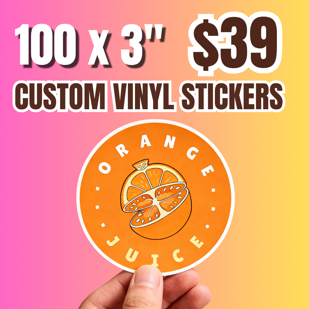 Promotional banner for “100 custom 3 inch vinyl stickers for $39”. A hand holds a round waterproof decal featuring an orange fruit illustration with bold “Orange Juice” typography on a vibrant gradient background, showcasing high-quality custom vinyl stickers ideal for bulk sticker printing and brand promotion.