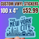Promotional offer for 100 custom 4 inch vinyl stickers for $52.99. A hand displays a die-cut durable sticker with a New York City skyline graphic and bold typography on a colorful gradient background, highlighting high-quality printed stickers perfect for business branding, promotional giveaways, and souvenir designs.