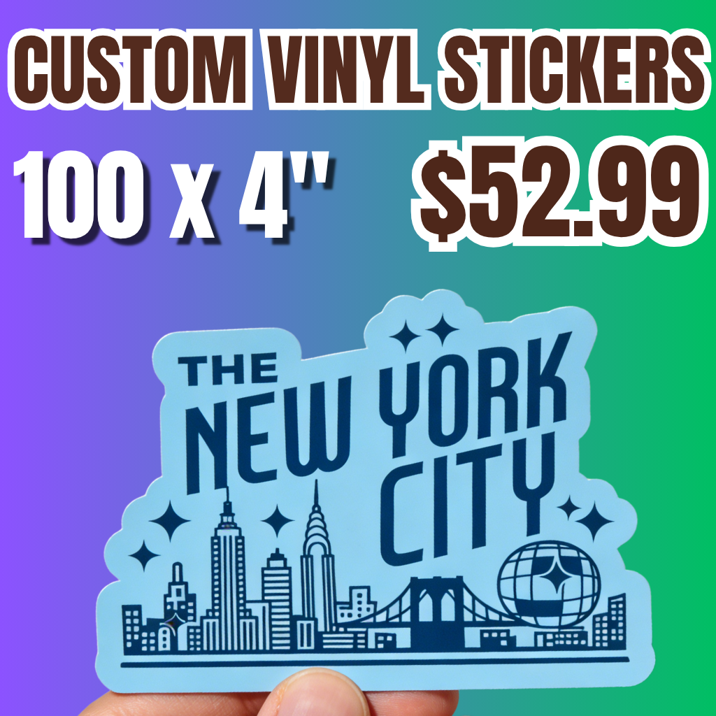 Promotional offer for 100 custom 4 inch vinyl stickers for $52.99. A hand displays a die-cut durable sticker with a New York City skyline graphic and bold typography on a colorful gradient background, highlighting high-quality printed stickers perfect for business branding, promotional giveaways, and souvenir designs.