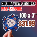 Promotional banner for “100 custom 3 inch vinyl stickers for $31.99 with free shipping”. A hand holds a die-cut waterproof decal featuring a surreal cat illustration with cosmic elements, stars, and bold blue and orange graphics, showcasing high-quality custom vinyl stickers ideal for bulk sticker printing and creative branding.