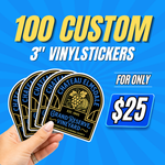 Promotional image advertising 100 custom vinyl stickers for $25. A hand holds multiple die cut vinyl stickers with a premium black and gold label design, set against a bright blue background with bold custom sticker pricing.