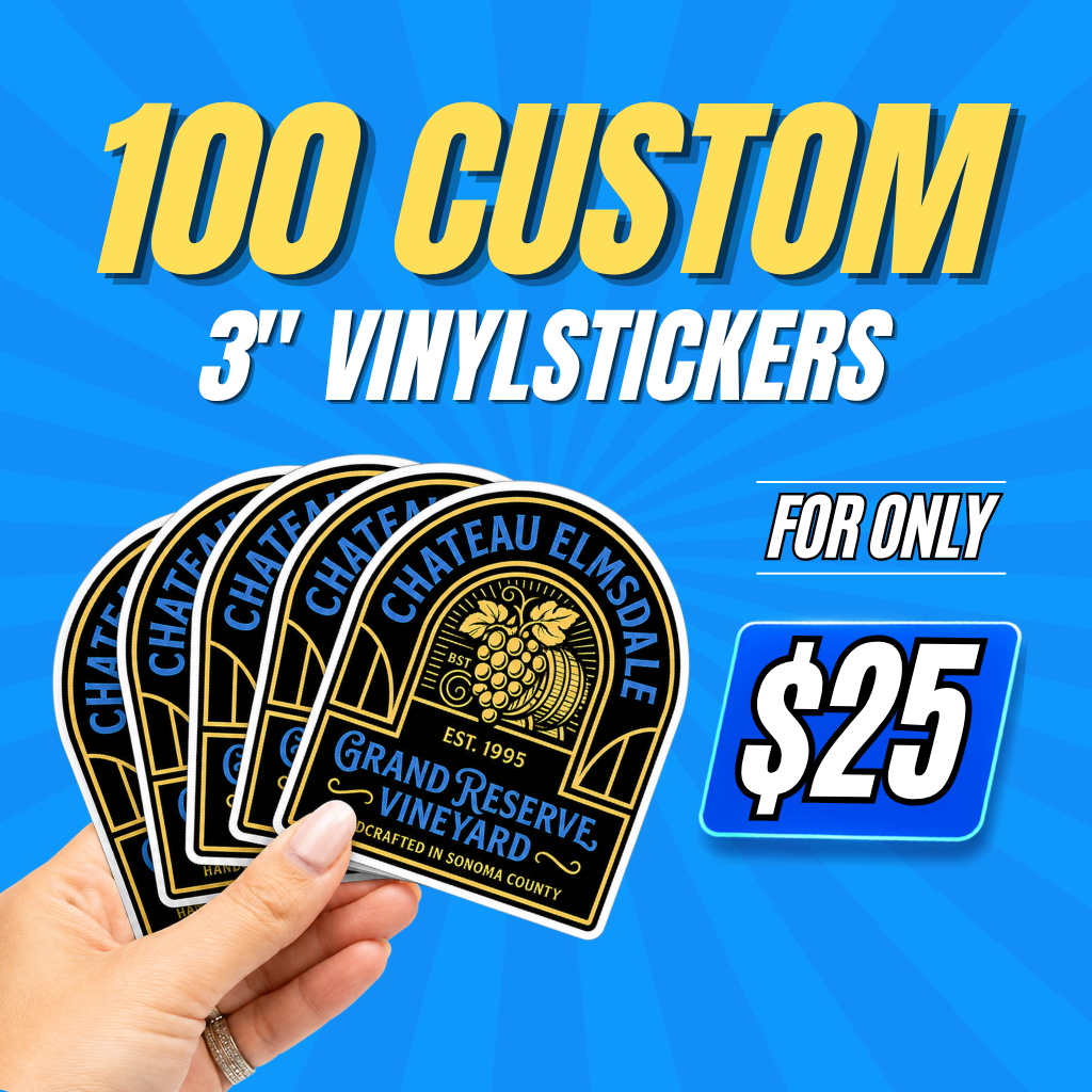 Promotional image advertising 100 custom vinyl stickers for $25. A hand holds multiple die cut vinyl stickers with a premium black and gold label design, set against a bright blue background with bold custom sticker pricing.
