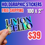 Promotional banner for 100 custom holographic stickers (2") for $39 with free shipping. A hand holds a die cut laser sticker featuring the bold text "LIMONCELLO" with a vibrant rainbow metallic finish. a perfect choice for personalized branding labels, aesthetic typography stickers, and high-quality custom vinyl decals.