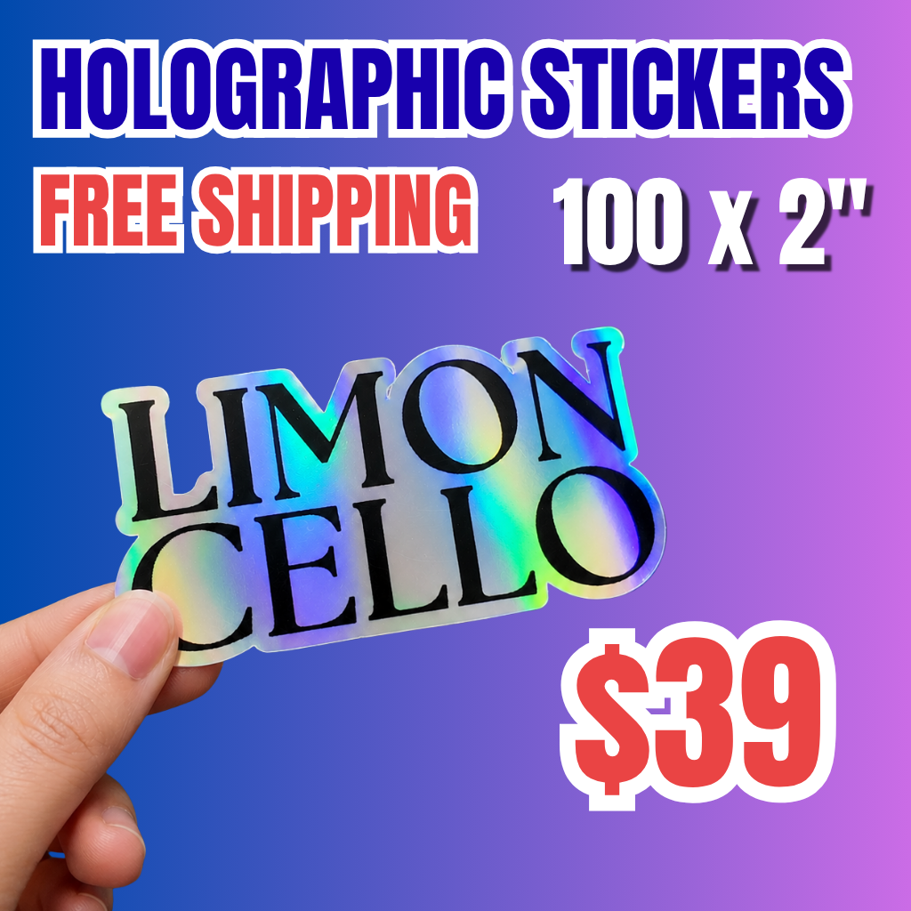 Promotional banner for 100 custom holographic stickers (2") for $39 with free shipping. A hand holds a die cut laser sticker featuring the bold text "LIMONCELLO" with a vibrant rainbow metallic finish. a perfect choice for personalized branding labels, aesthetic typography stickers, and high-quality custom vinyl decals.