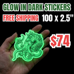100 Custom 2.5 inch Glow In The Dark Stickers for $74 with Free Shipping. Featured is a glowing green octopus die-cut vinyl sticker, showing weatherproof and durable quality.