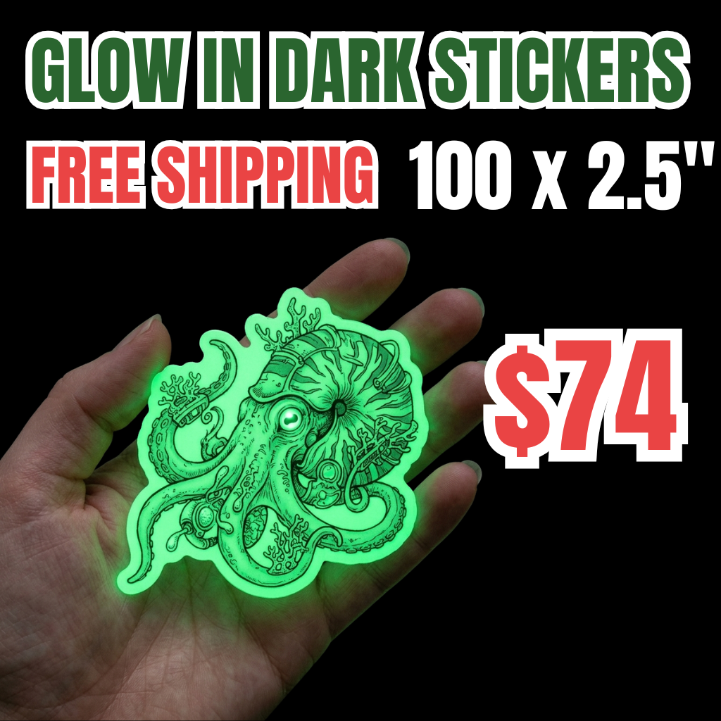 100 Custom 2.5 inch Glow In The Dark Stickers for $74 with Free Shipping. Featured is a glowing green octopus die-cut vinyl sticker, showing weatherproof and durable quality.