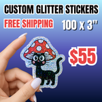 Hand holding a custom glitter sticker featuring a cute black cat with a red mushroom hat. This limited-time glitter sticker deal includes 100 high-quality 3-inch personalized decals for only $55 with free shipping, showcasing the vibrant holographic sparkle effect on a custom die-cut design.