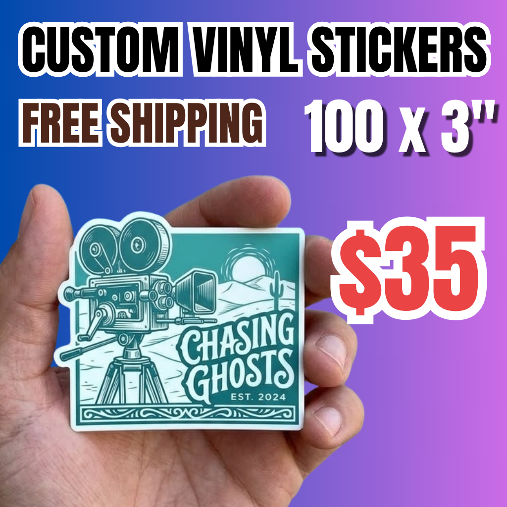 Promotional order for 100 custom vinyl stickers (3") for $35 with free shipping. A hand displays a waterproof outdoor sticker featuring a vintage film camera and "CHASING GHOSTS" design. Personalized business labels: bulk sticker printing for high-quality custom vinyl stickers.