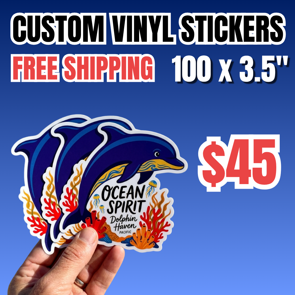 Promotional order: a bulk custom vinyl stickers printing deal of 100 x 3.5" stickers for $45 with free shipping. A hand holds a stack of highly-durable waterproof vinyl decals featuring a vibrant illustration of jumping dolphins, coral reef, and the text "OCEAN SPIRIT - Dolphin Haven Pacific". The sticker has a sharp white die-cut border, showcasing a premium outdoor-safe vinyl sticker finish on a solid blue background.