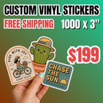 Promotional deal for a bulk custom vinyl stickers deal of 1000 x 3" stickers for $199 with free shipping. A hand holds three premium die cut vinyl stickers featuring a "Ride with Joy" girl on a bicycle, a cute "Bloom" cactus in a hat, and a "Chase the Sun" adventure design. These waterproof outdoor decals are in high-quality professional sticker printing. 