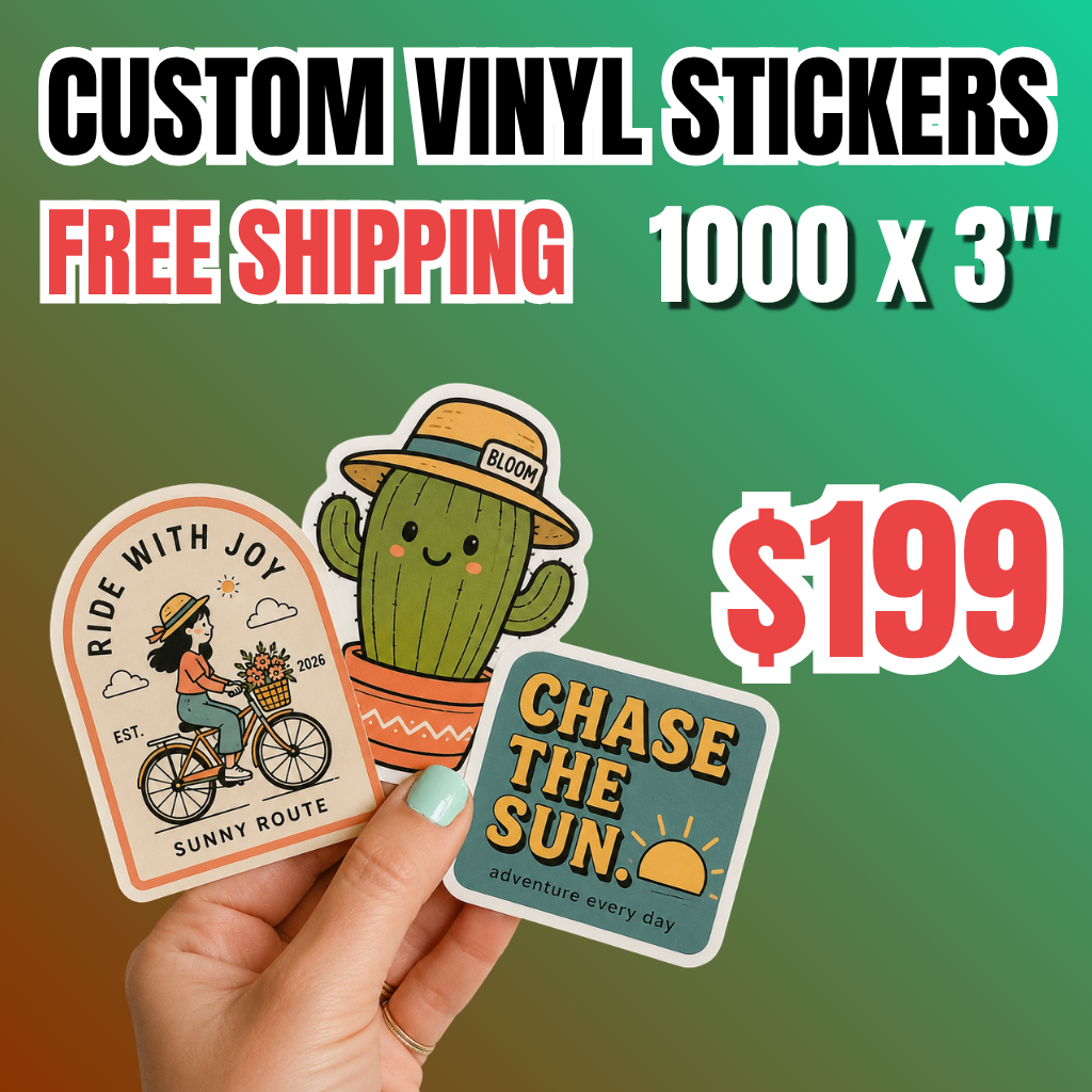 Promotional deal for a bulk custom vinyl stickers deal of 1000 x 3" stickers for $199 with free shipping. A hand holds three premium die cut vinyl stickers featuring a "Ride with Joy" girl on a bicycle, a cute "Bloom" cactus in a hat, and a "Chase the Sun" adventure design. These waterproof outdoor decals are in high-quality professional sticker printing. 