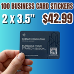Promotional graphic for 100 Business Card Stickers priced at $42.99. The stickers measure 2 by 3.5 inches. A hand holds a sample dark blue sticker for "Avenue Consulting" featuring a QR code and the text "Schedule Your Strategy Session."