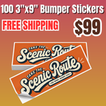 100 custom 3"x9" vinyl bumper stickers deal for $99 with free shipping. Features a stack of orange retro-style stickers on a gradient background.