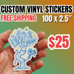 Promotional offer for 100 custom 2.5 inch vinyl stickers for $25 with free shipping. A hand displays a die-cut waterproof decal with a detailed tree character illustration, including stars and mushroom elements, on a vibrant gradient background, highlighting durable custom vinyl stickers perfect for bulk sticker printing and brand promotion.