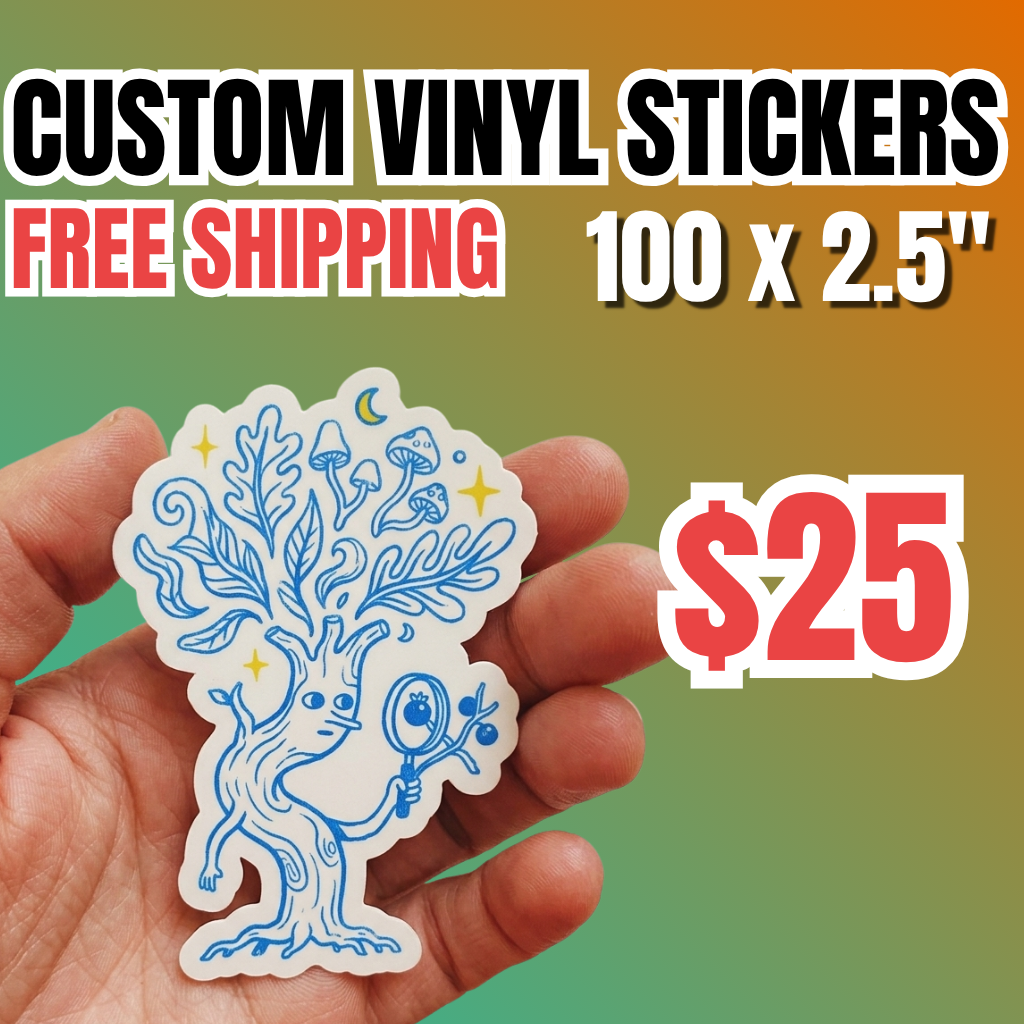 Promotional offer for 100 custom 2.5 inch vinyl stickers for $25 with free shipping. A hand displays a die-cut waterproof decal with a detailed tree character illustration, including stars and mushroom elements, on a vibrant gradient background, highlighting durable custom vinyl stickers perfect for bulk sticker printing and brand promotion.