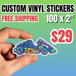 Promotional banner for 100 custom vinyl stickers (2") for $29 with free shipping. A hand holds a premium die cut vinyl sticker featuring a colorful retro-style go-kart racer with neon purple and cyan accents. This high-quality waterproof racing decal is showcased against a soft green-to-blue gradient background
