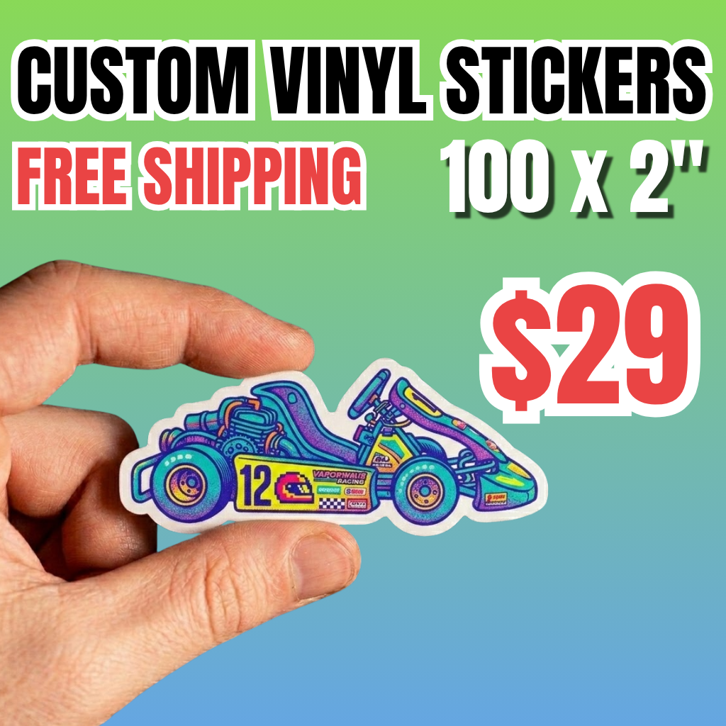 Promotional banner for 100 custom vinyl stickers (2") for $29 with free shipping. A hand holds a premium die cut vinyl sticker featuring a colorful retro-style go-kart racer with neon purple and cyan accents. This high-quality waterproof racing decal is showcased against a soft green-to-blue gradient background