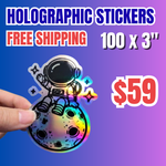 Promotional banner for 100 custom holographic stickers (3") for $59 with free shipping. A hand holds a die cut laser sticker featuring a cute astronaut sitting on the moon with stars, showcasing a vibrant rainbow effect. This waterproof holographic decal is displayed against a blue-to-purple gradient background, highlighting premium shiny sticker printing. 