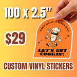 free shipping limited time deals: 100x 2.5 inch custom vinyl stickers for 29, free shipping. Custom vinyl sticker with cartoon chef design and promotional text on an orange background. Waterproof and UV-resistant for durability.