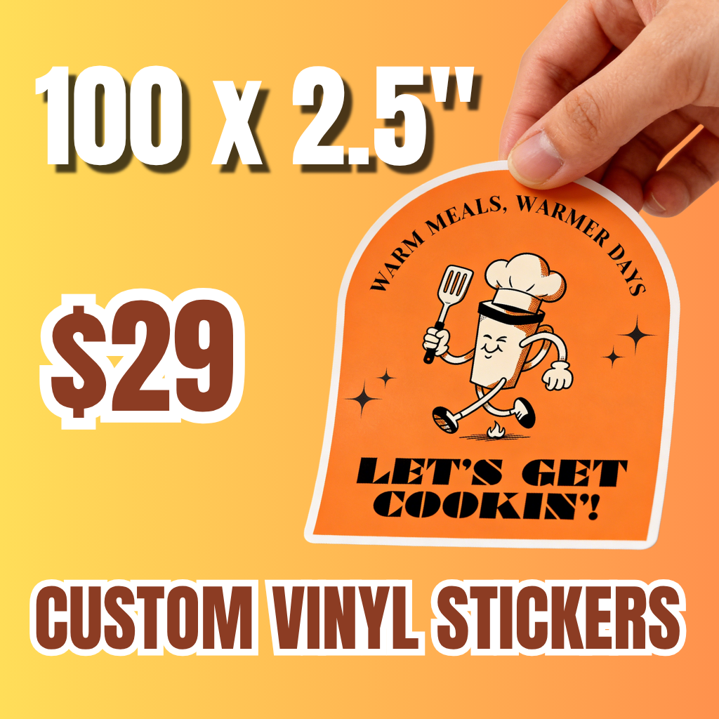 free shipping limited time deals: 100x 2.5 inch custom vinyl stickers for 29, free shipping. Custom vinyl sticker with cartoon chef design and promotional text on an orange background. Waterproof and UV-resistant for durability.