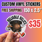 Promotional offer for '150 custom vinyl stickers (2.5") for $35 with free shipping'. A hand displays a die-cut premium vinyl sticker featuring a vintage rotary phone character with "RELIABLE RELICS" text. The design is set against a vibrant purple-to-orange gradient background.