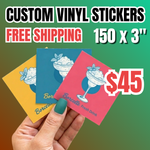 Promotional offer for 150 custom 3 inch vinyl stickers for $45 with free shipping. A hand displays three square waterproof decals with vibrant cocktail graphics on bold colored backgrounds, highlighting durable custom vinyl stickers perfect for bulk sticker printing and business branding.