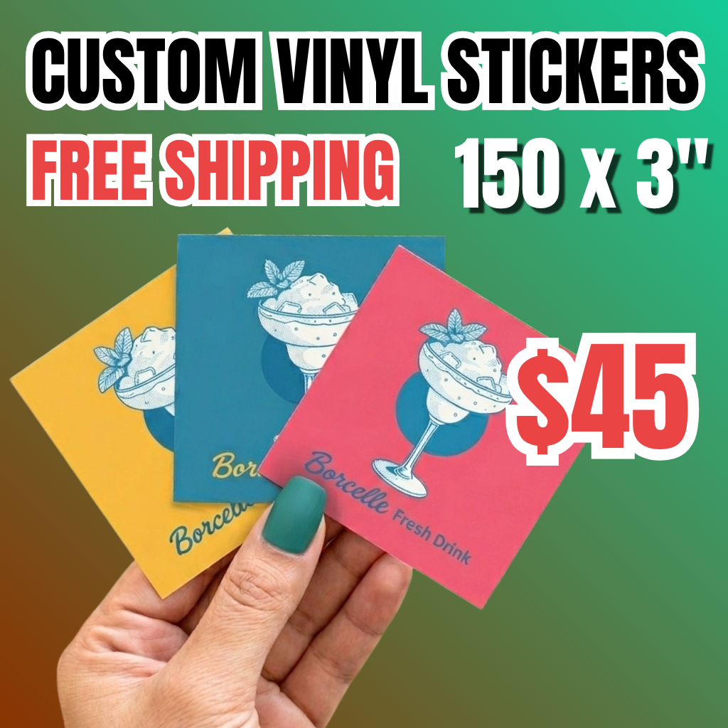 Promotional offer for 150 custom 3 inch vinyl stickers for $45 with free shipping. A hand displays three square waterproof decals with vibrant cocktail graphics on bold colored backgrounds, highlighting durable custom vinyl stickers perfect for bulk sticker printing and business branding.