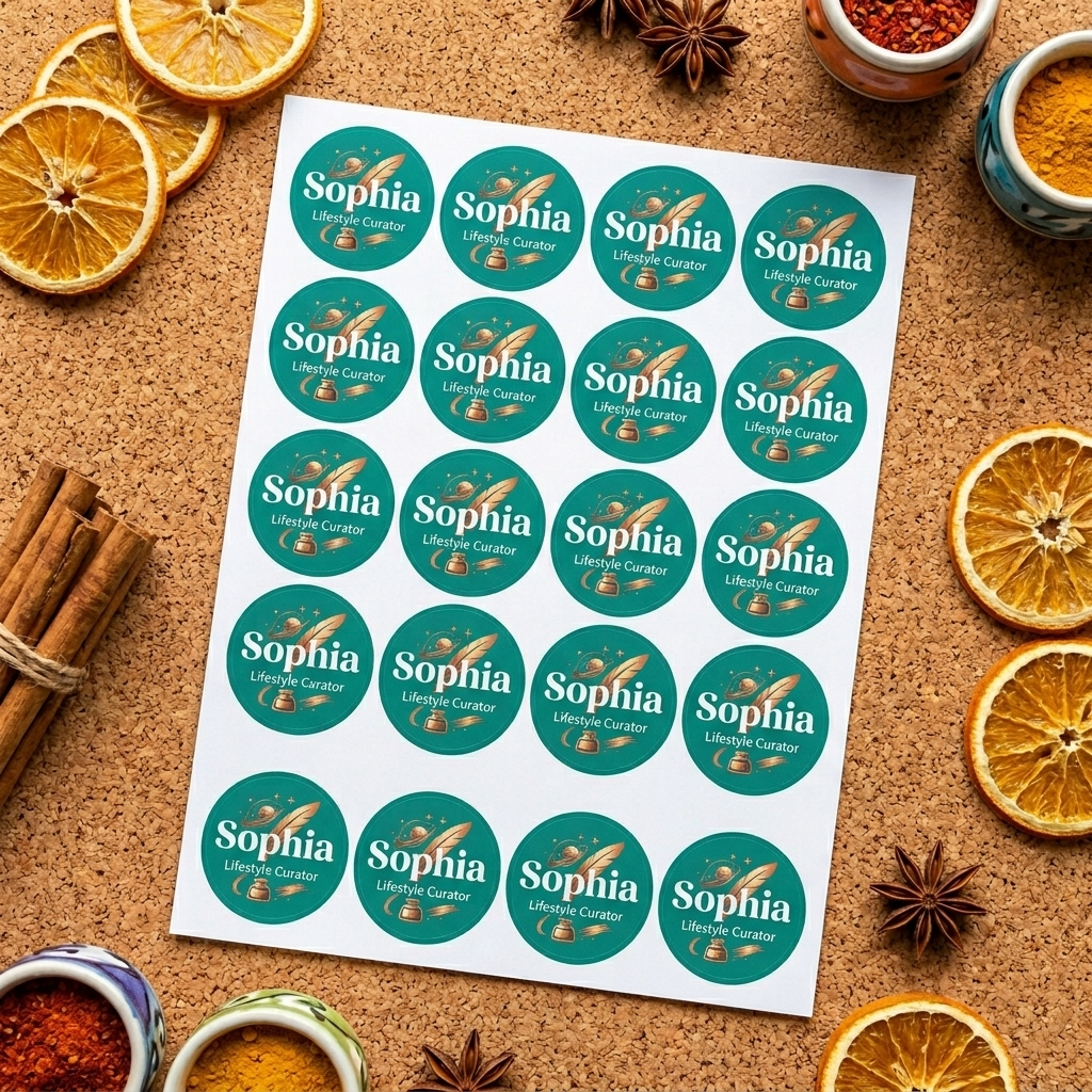 A sheet of teal 2-inch labels for "Sophia Lifestyle Curator" on a cork surface surrounded by dried oranges and cinnamon. Custom 2-inch round stickers used for personalized lifestyle branding.