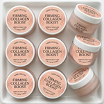 2-inch round labels for "Firming Collagen Boost" skin care jars. These custom 2-inch stickers are perfectly sized for cosmetic container lids, showing a clean and professional aesthetic.