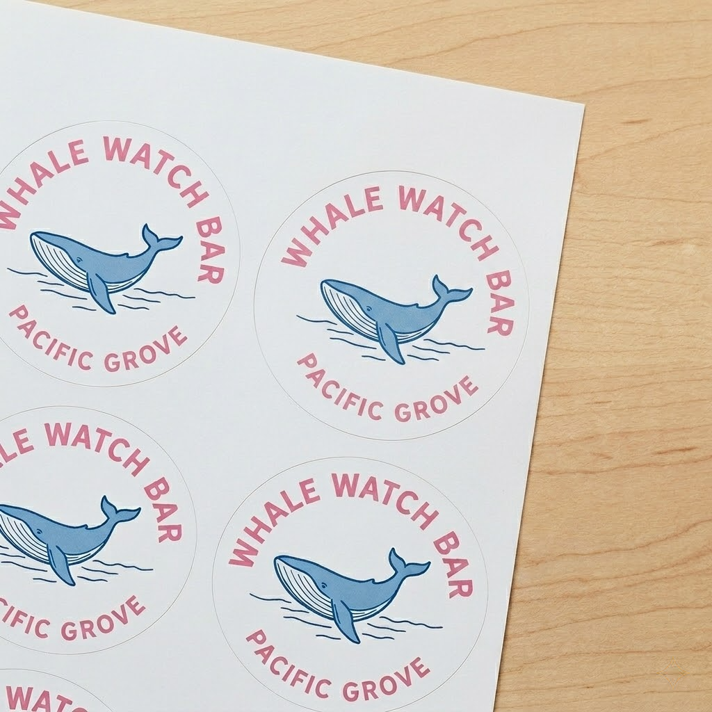 Close-up of 2-inch round stickers for "Whale Watch Bar" on a white sticker sheet. High-contrast custom 2-inch circle labels with a minimalist whale design, ideal for brewery or bar branding.