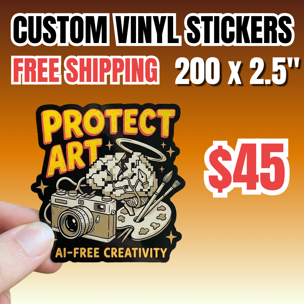 Promotional deal for 200 custom vinyl stickers (2.5") for $45 with free shipping. A hand holds a die cut premium vinyl sticker featuring the bold text "PROTECT ART" and "AI-FREE CREATIVITY" alongside a camera, paint palette, and pixelated brain design. This high-quality waterproof artist decal is displayed on a warm orange gradient background, highlighting STICKER KIKO's bulk sticker printing for creative professionals.
