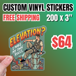 Promotional banner for 200 custom vinyl stickers (3") for $64 with free shipping. A hand holds a die cut premium vinyl sticker featuring a character sitting on a skyscraper with the text "ELEVATION? I MAKE MY OWN RULES". This high-quality waterproof outdoor decal showcasing professional bulk sticker printing for personal branding. 
