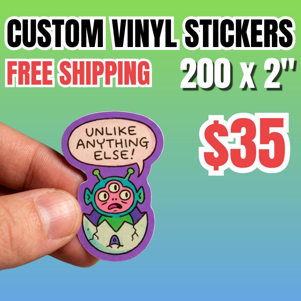 Limited-time deal on 200 custom 2” vinyl stickers with free shipping for $35. A hand holds a colorful die-cut sticker featuring a quirky alien character with a speech bubble on a purple gradient background. Designed for eye-catching branding, giveaways, and creative sticker projects.