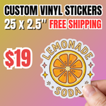 promotional deal for 25 custom 2.5 inch vinyl stickers deal with free shipping for $19, hand holding a custom lemonade soda die cut sticker, perfect for small qualitiy order used for testing before bulk ordering.