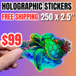 Limited time deals for “250 custom 2.5 inch holographic stickers for $99 with free shipping”. A hand holds a die-cut iridescent holographic sticker, showcasing reflective waterproof decals ideal for laptop, water bottle.