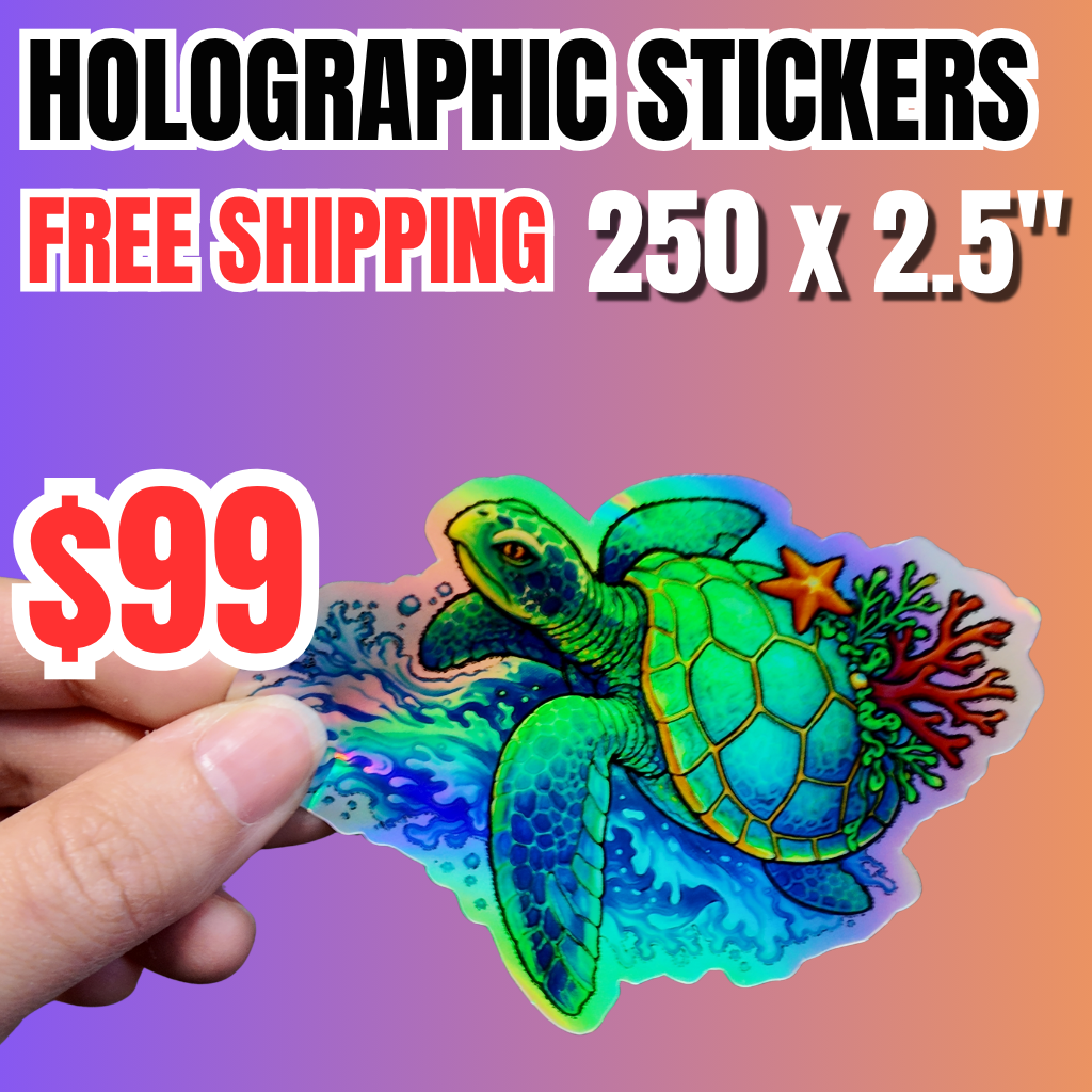 Limited time deals for “250 custom 2.5 inch holographic stickers for $99 with free shipping”. A hand holds a die-cut iridescent holographic sticker, showcasing reflective waterproof decals ideal for laptop, water bottle.