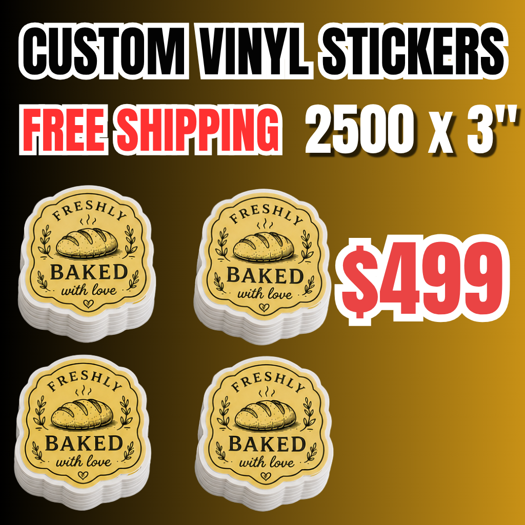 Promotional banner for 2500 custom vinyl stickers (3") for $499 with free shipping. The image displays four stacks of die cut vinyl stickers featuring a vintage-style "FRESHLY BAKED with love" bakery logo with a bread illustration. These high-quality waterproof business decals, perfect choice for personalized bakery packaging, durable product labels, and custom logo deca