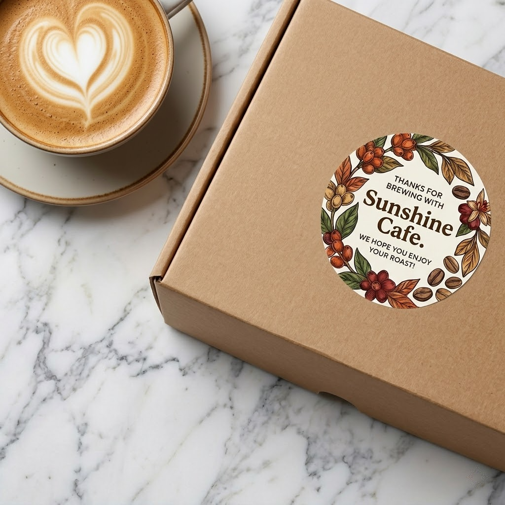 2 inch round custom sticker label with floral coffee bean design on a brown cardboard box next to a latte with heart latte art.