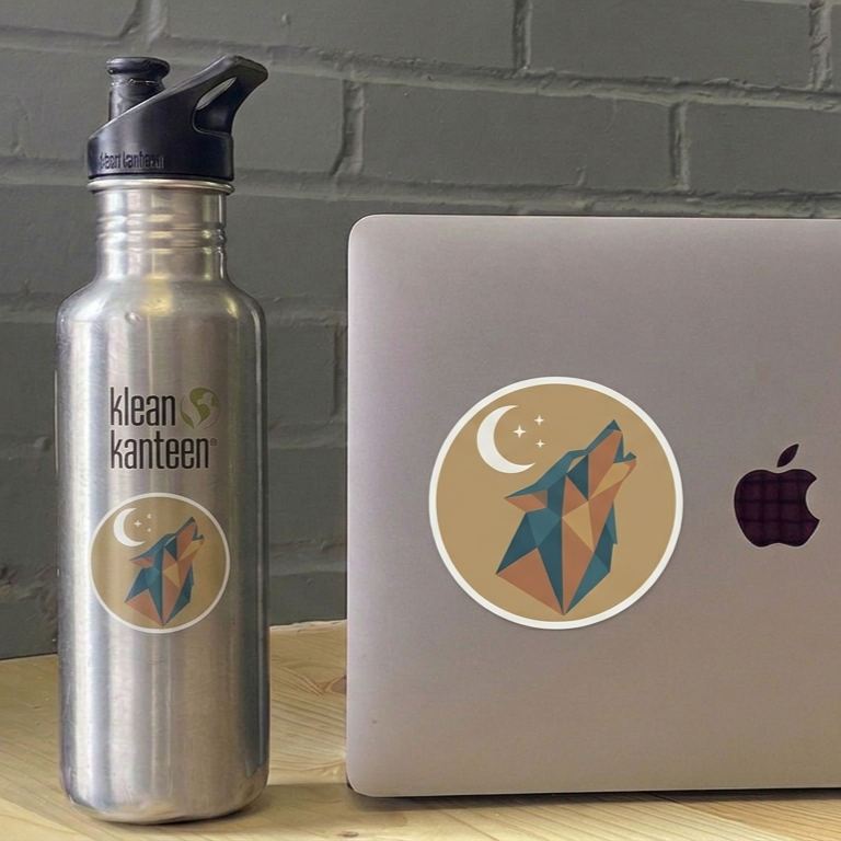 A 2-inch sticker on water bottle and a 3-inch sticker on laptop to compare this two stickers in actual life application