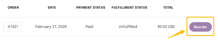 Step 3: How to reorder your previous order. Screenshot of order #1021 with the 'Reorder' button highlighted.